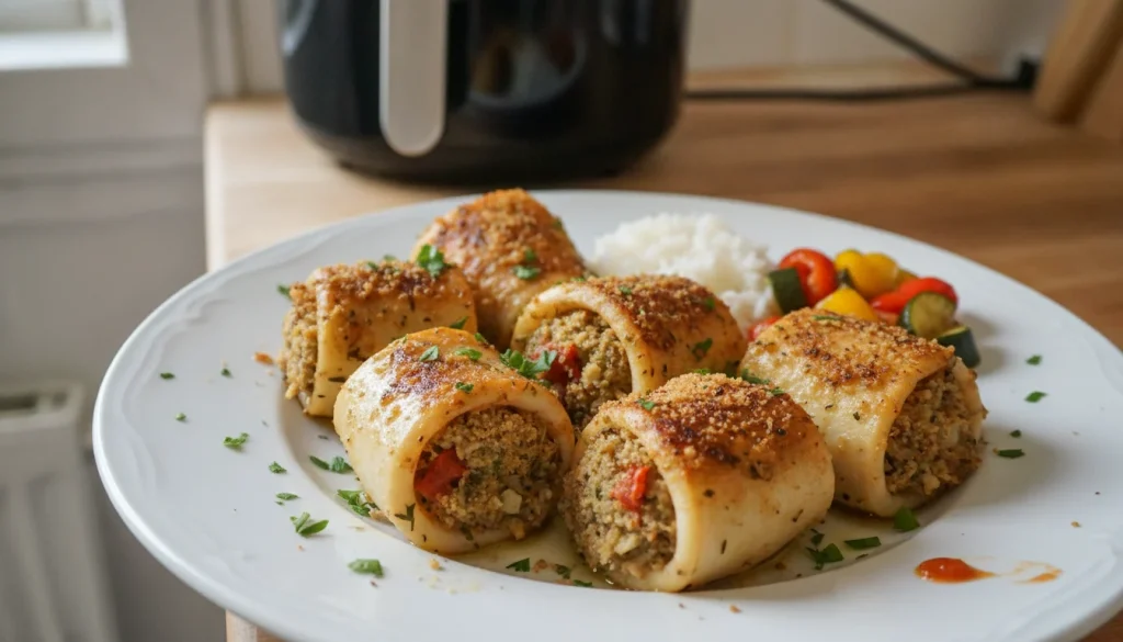Encornets farcis à la provençale dorés et tendres, servis avec du riz et des légumes.