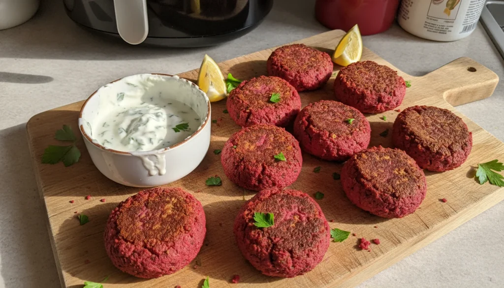 Falafels de betterave roses et croustillants servis avec une sauce au yaourt et des herbes fraîches.