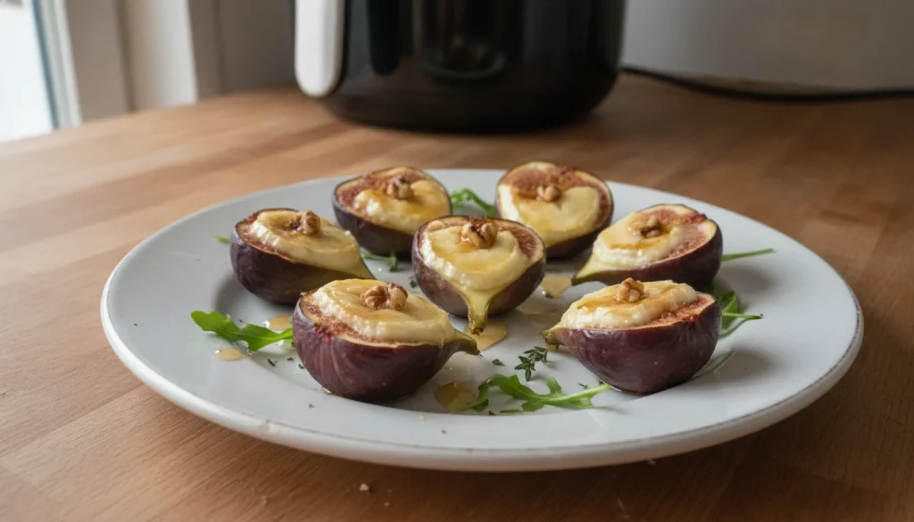 Figues farcies au chèvre et miel chaudes, arrosées de miel, présentées sur un plat, prêtes à être dégustées en apéritif.