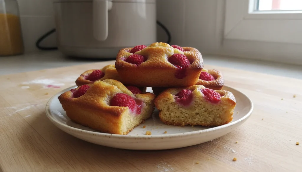 Quatre financiers aux framboises dorés et moelleux, fraîchement sortis de l'Air Fryer, sur une assiette