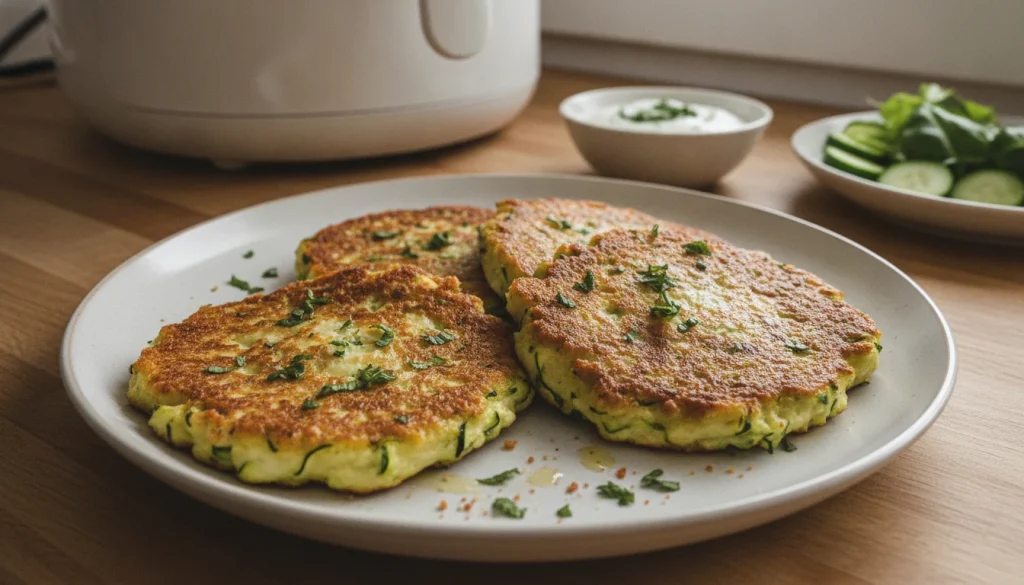 Trois galettes de courgette et feta croustillantes, dorées, parsemées de menthe fraîche, servies dans une assiette avec une salade et une sauce.