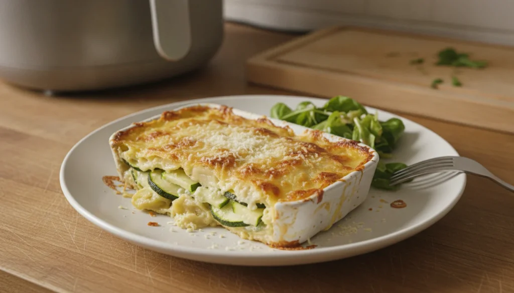 Un gratin de ravioles aux courgettes doré et fumant dans un petit plat individuel, fraîchement sorti de l'Air Fryer, avec du fromage fondu et gratiné sur le dessus.