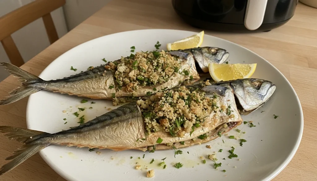 Maquereaux entiers farcis aux herbes, dorés et appétissants, servis sur une assiette blanche avec des quartiers de citron.