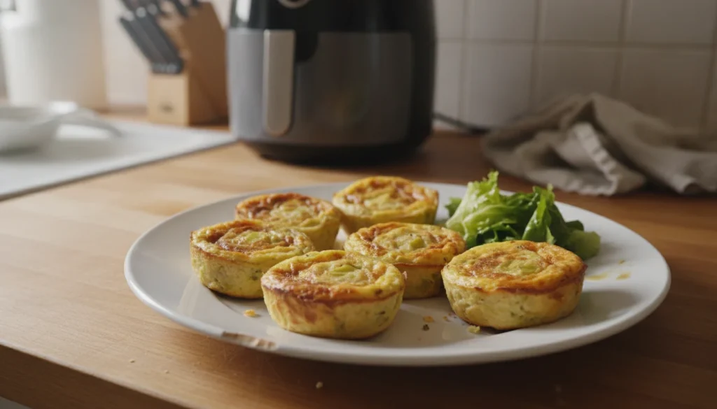 Assiette de mini quiches sans pâte aux poireaux dorées, cuites à l'Air Fryer, avec une salade verte.