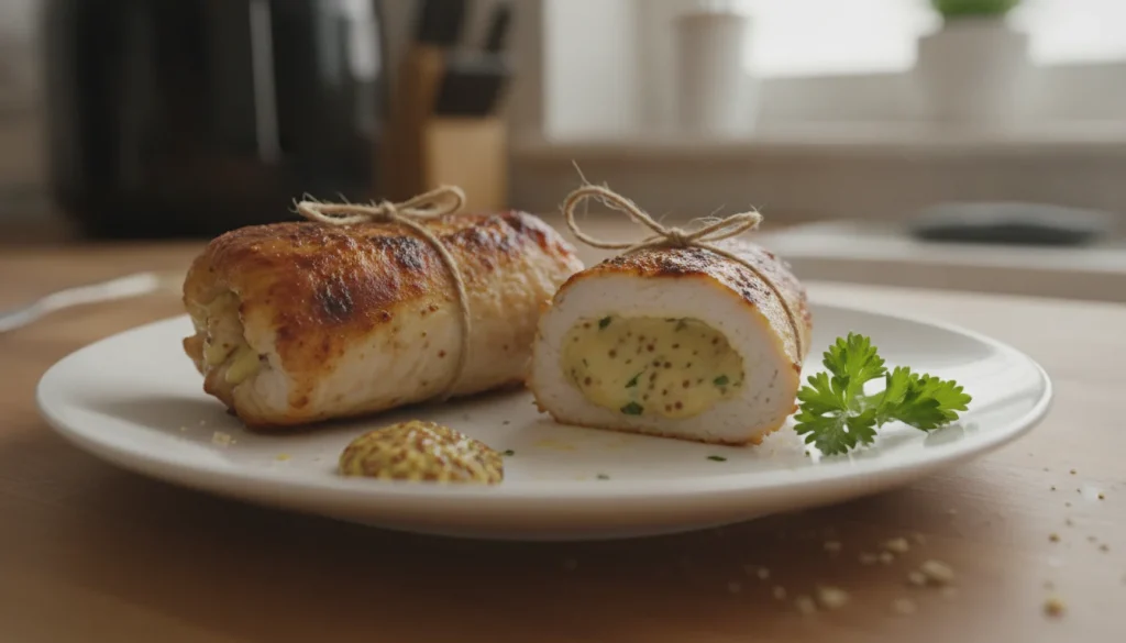 Paupiettes de dinde à la moutarde dorées et ficelées, coupées pour montrer le cœur moelleux, servies sur une assiette blanche.