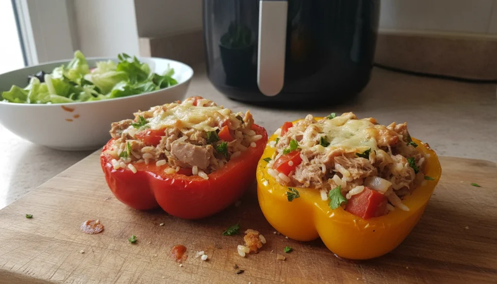 Poivrons farcis au thon et riz, gratinés et dorés, prêts à être dégustés, sortant d'un Air Fryer.