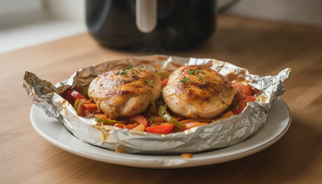Papillote de poulet basquaise ouverte, montrant un haut de cuisse de poulet moelleux avec des lanières de poivrons rouges et verts, des oignons et une sauce tomate parfumée, garni de thym frais.