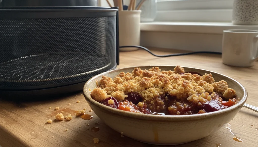 Prunes rôties façon crumble dorées dans un ramequin, avec une boule de glace vanille fondante.