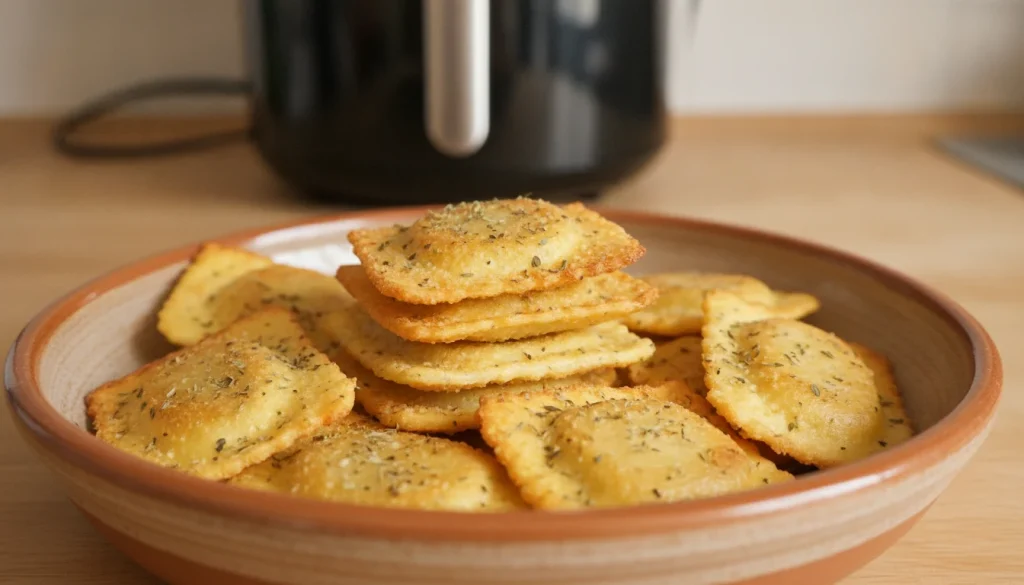 Ravioles du Dauphiné croustillantes et dorées cuites à l'Air Fryer, prêtes à être dégustées.