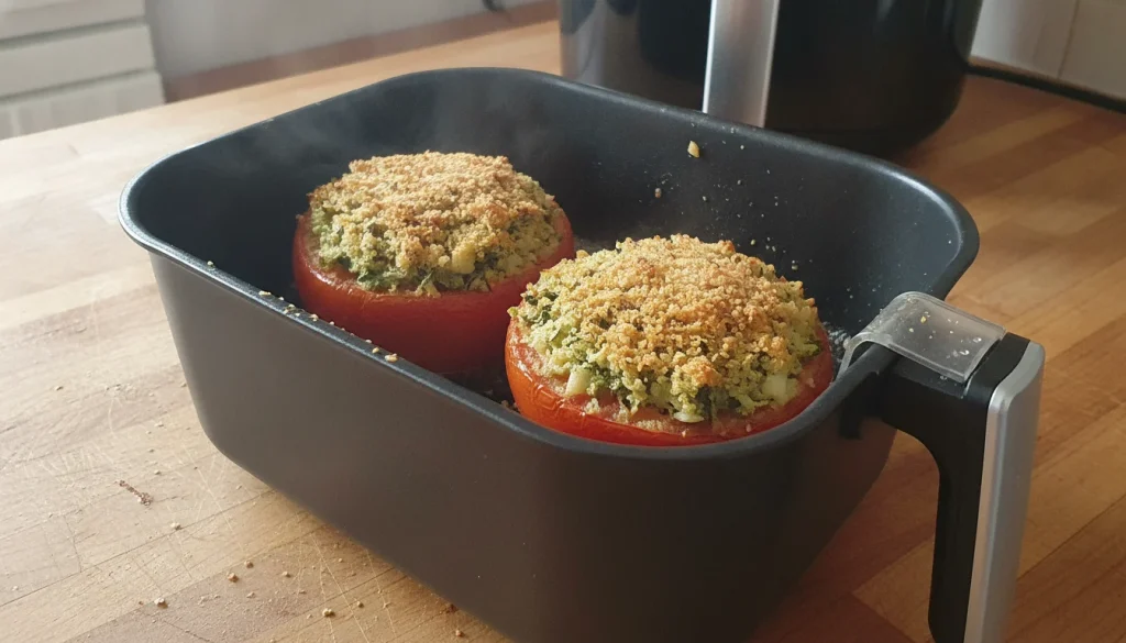 Tomates provençales gratinées et dorées à la friteuse à air, prêtes à être servies.