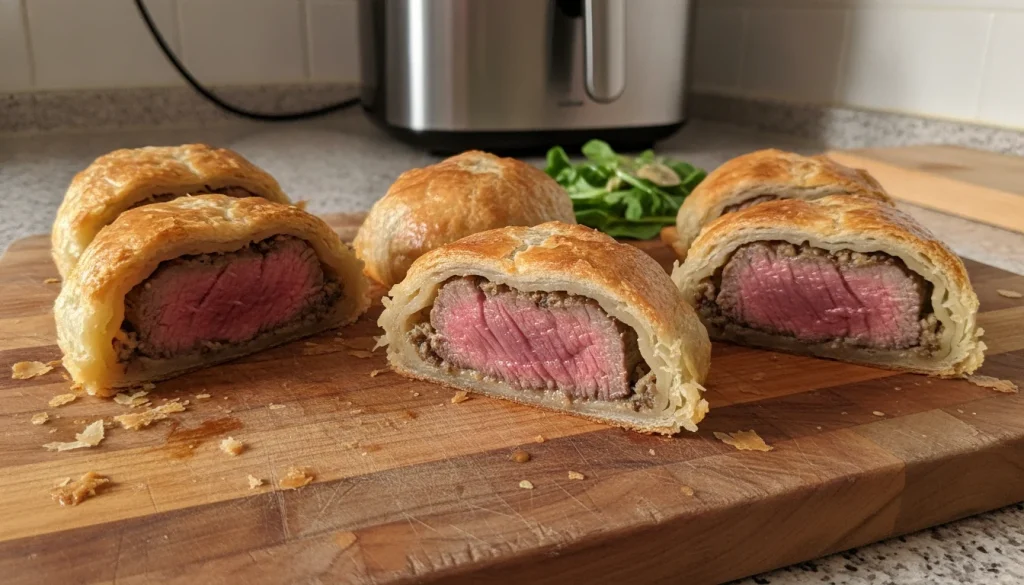 Quatre Bœufs Wellington individuels dorés et croustillants, coupés en deux pour montrer le filet de bœuf rosé à l'intérieur, servis sur une assiette en bois.