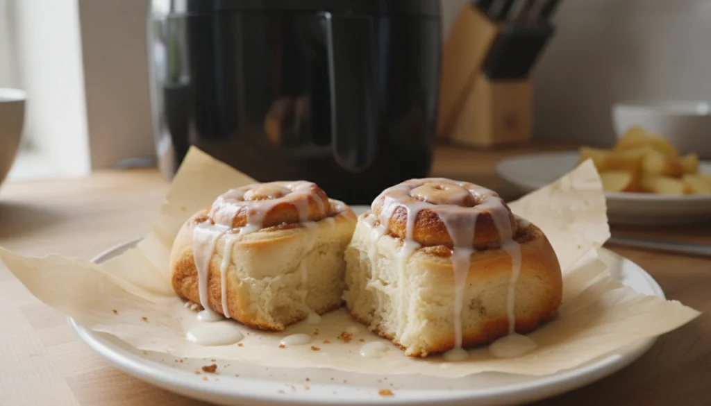Brioches roulées à la pomme et cannelle, dorées et glacées, fraîchement cuites à l'Air Fryer.