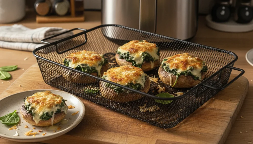 Quatre champignons portobello farcis aux épinards et fromage, cuits à la perfection dans le panier d'un Air Fryer, le fromage doré et fondant sur le dessus.
