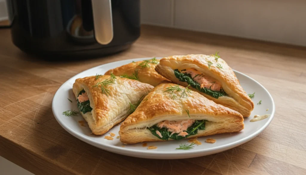 Quatre feuilletés individuels de saumon aux épinards cuits au Air Fryer, bien dorés et croustillants, sur une assiette blanche.