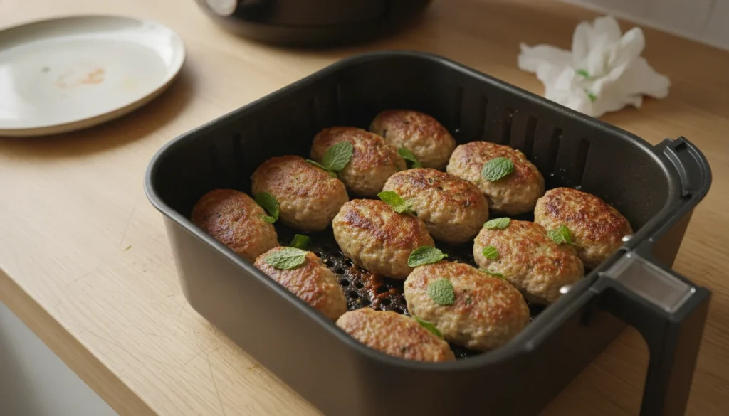 Keftas d'agneau à la menthe dorées et juteuses dans le panier d'un Air Fryer.