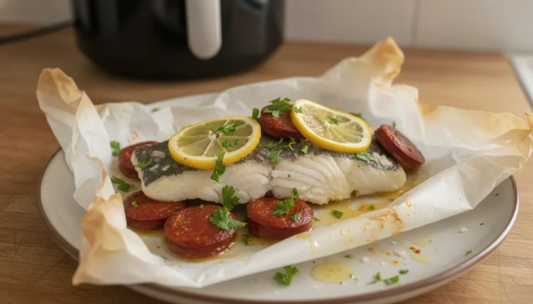 Merlu en papillote au chorizo au Air Fryer