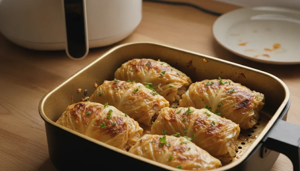 Rouleaux de chou farcis au riz et champignons, cuits au Air Fryer, nappés de sauce tomate et garnis de persil frais.
