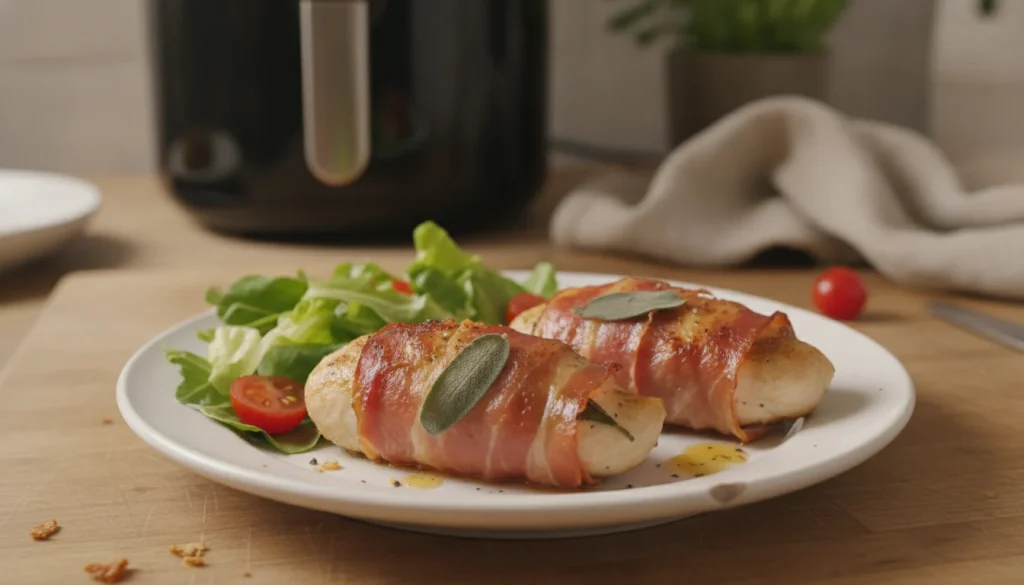 Saltimbocca de poulet croustillant et doré, préparé à l'Air Fryer, servi sur une assiette blanche avec une garniture de salade verte et quelques tomates cerises.