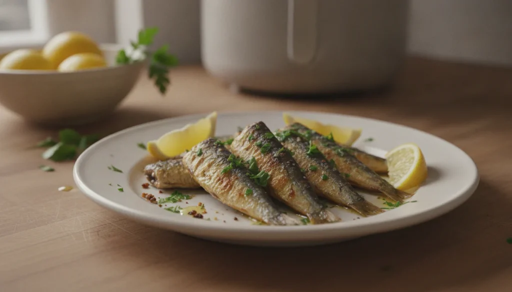 Sardines fraîches au citron et persil cuites à l'Air Fryer, dorées et croustillantes, servies avec des quartiers de citron et du persil frais.